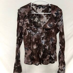 Apanage Sheer Shimmer Purple Brown Black Floral Ruffled Blouse Long Sleeves